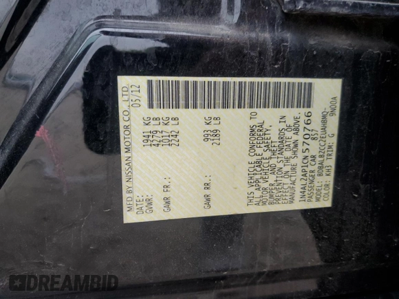 2012 Nissan Altima S with VIN 1N4AL2AP1CN570766, listed as a Copart auction lot 53675865 with 142,116 mi miles and Clean Title. Bid and sale history available at DreamBid. Image 12.