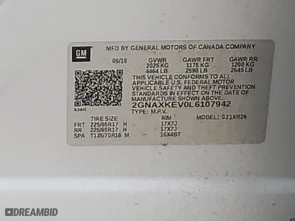 2020 Chevrolet Equinox LT with VIN 2GNAXKEV0L6107942, listed as a Copart auction lot 47986735 with 94,800 mi miles and Clean Title. Bid and sale history available at carsss.com. Image 12.