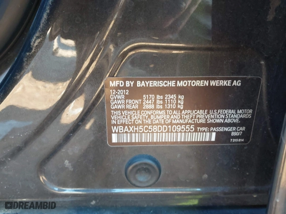 2013 BMW 5 Series 528i xDrive with VIN WBAXH5C58DD109555, listed as a IAAI auction lot 41331845 with 168,391 mi miles. Bid and sale history available at carsss.com. Image 9.