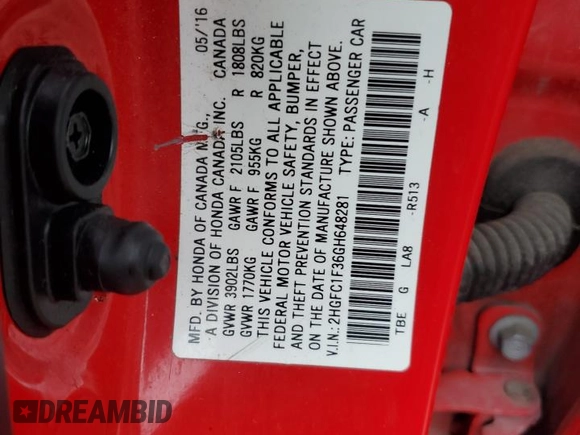 2016 Honda Civic EX-T with VIN 2HGFC1F36GH648281, listed as a Copart auction lot 58599385 with 131,145 mi miles and Salvage title. Bid and sale history available at DreamBid. Image 12.