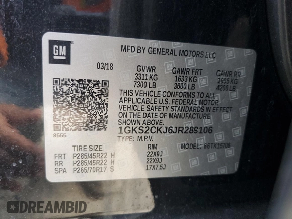 2018 GMC Yukon Denali with VIN 1GKS2CKJ6JR289106, listed as a Copart auction lot 72244124 with 175,306 mi miles and Salvage Title. Bid and sale history available at carsss.com. Image 13.