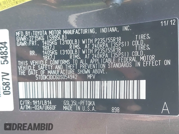 2013 Toyota Sienna XLE with VIN 5TDDK3DC6DS054942, listed as a IAAI auction lot 41172005 with 202,675 mi miles and . Bid and sale history available at DreamBid. Image 9.