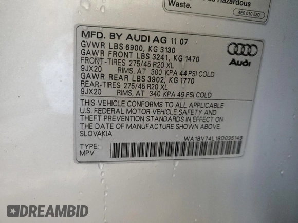 2008 Audi Q7 4.2L Premium with VIN WA1BV74L18D035149, listed as a Copart auction lot 40057944 with 114,490 mi miles and Salvage Title. Bid and sale history available at carsss.com. Image 13.