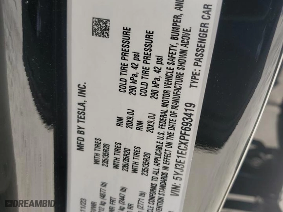 2023 Tesla Model 3 Performance with VIN 5YJ3E1ECXPF693419, listed as a Copart auction lot 49379795 with 36,652 mi miles and Salvage Title. Bid and sale history available at carsss.com. Image 14.