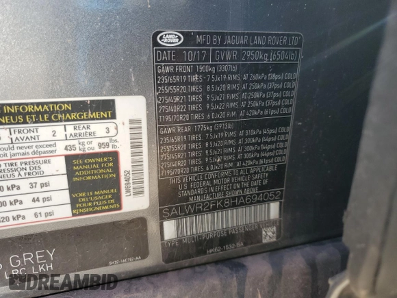 2017 Land Rover Range Rover Sport HSE with VIN SALWR2FK8HA694052, listed as a Copart auction lot 53330155 with 75,181 mi miles and Salvage title. Bid and sale history available at DreamBid. Image 13.