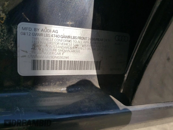 2013 Audi A4 Premium with VIN WAUAFAFL9DN020294, listed as a Copart auction lot 68591144 with 172,230 mi miles and Clean Title. Bid and sale history available at carsss.com. Image 13.