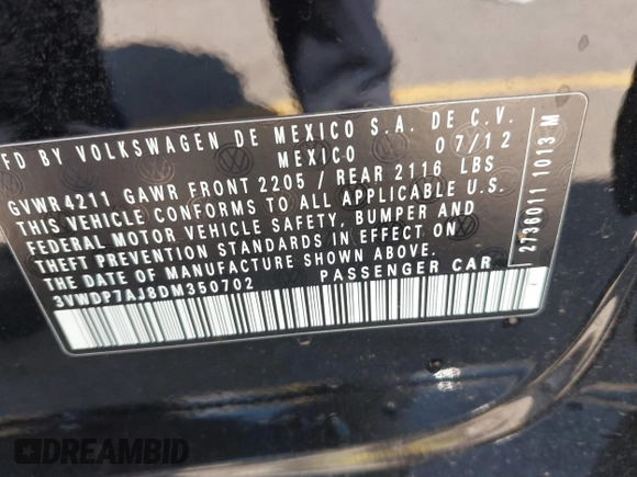 2013 Volkswagen Jetta SE with VIN 3VWDP7AJ8DM350702, listed as a IAAI auction lot 42652788 with 106,655 mi miles and . Bid and sale history available at DreamBid. Image 9.