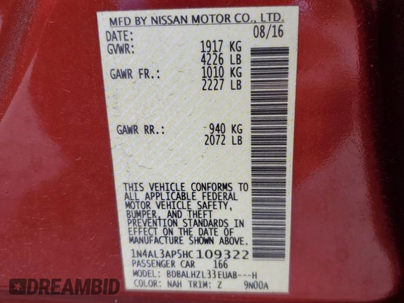 2017 Nissan Altima SR with VIN 1N4AL3AP5HC109322, listed as a Copart auction lot 56933515 with 96,914 mi miles and Salvage title. Bid and sale history available at DreamBid. Image 13.
