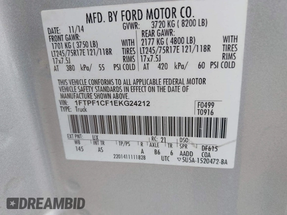 2014 Ford F-150 XL с VIN 1FTPF1CF1EKG24212, выставлен на аукционе IAAI как лот 41965420 с пробегом 192 639 миль миль и . История ставок и продаж доступна на DreamBid. Изображение 9.