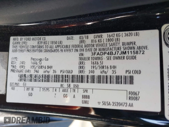 2018 Ford Fiesta SE with VIN 3FADP4BJ7JM115872, listed as a IAAI auction lot 41969970 with 156,537 mi miles. Bid and sale history available at carsss.com. Image 9.