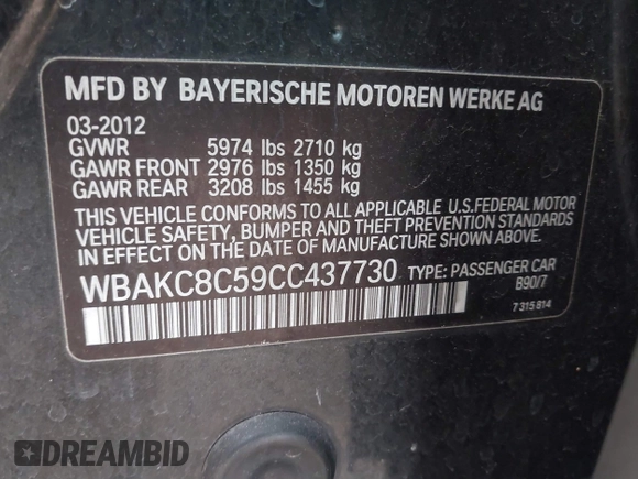 2012 BMW 7 Series 750Li xDrive with VIN WBAKC8C59CC437730, listed as a IAAI auction lot 41427243 with 91,832 mi miles and . Bid and sale history available at DreamBid. Image 9.