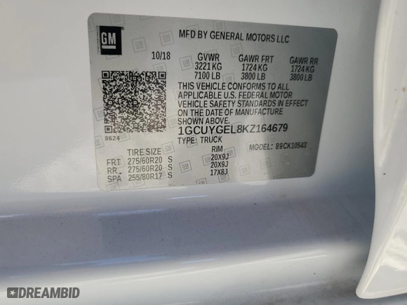 2019 Chevrolet Silverado 1500 LTZ with VIN 1GCUYGEL8KZ164679, listed as a Copart auction lot 82956864 with 105,209 mi miles and Non Repairable. Bid and sale history available at carsss.com. Image 12.