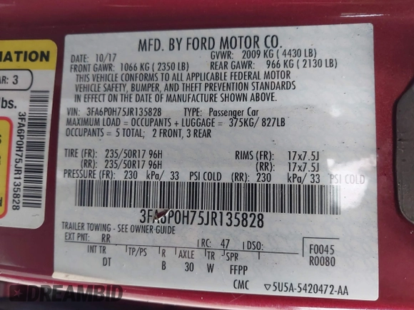 2018 Ford Fusion SE with VIN 3FA6P0H75JR135828, listed as a IAAI auction lot 41498095 with 1 mi miles. Bid and sale history available at carsss.com. Image 9.