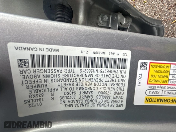 2022 Honda Civic Sedan Sport with VIN 2HGFE2F51NH566215, listed as a Copart auction lot 55251635 with 37,624 mi miles and Salvage Title. Bid and sale history available at carsss.com. Image 10.