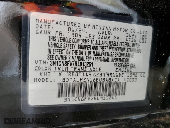2024 Nissan Versa SR with VIN 3N1CN8FV7RL913261, listed as a Copart auction lot 61686375 with 28,654 mi miles and Clean title. Bid and sale history available at DreamBid. Image 12.