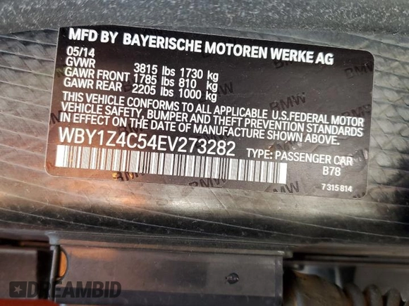 2014 BMW i3 with VIN WBY1Z4C54EV273282, listed as a Copart auction lot 43478455 with 89,884 mi miles and Salvage Title. Bid and sale history available at carsss.com. Image 12.
