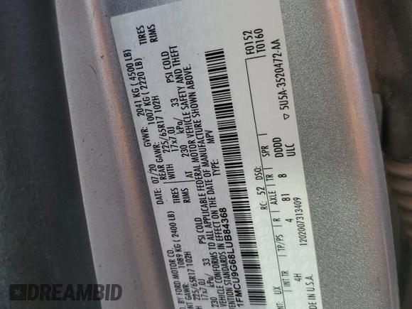 2020 Ford Escape SE с VIN 1FMCU9G68LUB84368, выставлен на аукционе Copart как лот 60099795 с пробегом Не указан миль и Чистый • Clean title. История ставок и продаж доступна на DreamBid. Изображение 13.