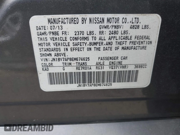 2014 Infiniti Q50 Premium z VIN JN1BV7AP8EM674625, wystawiony jako IAAI lot #41922173 z przebiegiem Nie podano mil oraz . Historia ofert i sprzedaży dostępna na DreamBid. Obrazek 9.