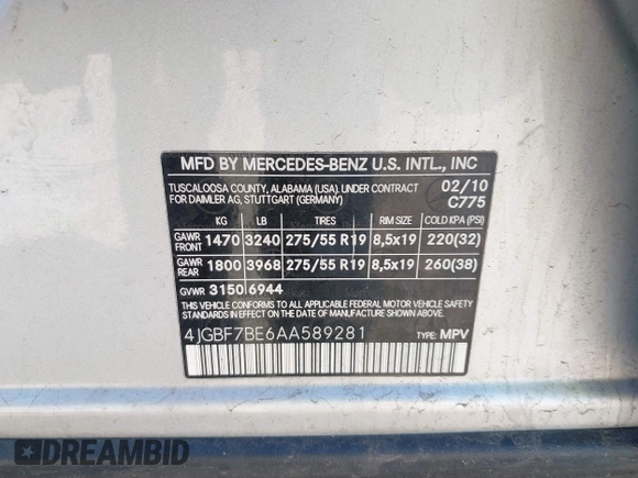 2010 Mercedes-Benz GL 450 with VIN 4JGBF7BE6AA589281, listed as a IAAI auction lot 42055449 with 192,070 mi miles and . Bid and sale history available at DreamBid. Image 9.