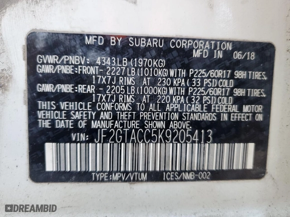 2019 Subaru Crosstrek Premium with VIN JF2GTACC5K9205413, listed as a Copart auction lot 85535984 with 85,009 mi miles and Salvage Title. Bid and sale history available at carsss.com. Image 12.