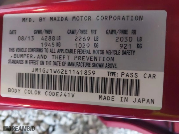 2014 Mazda Mazda6 i Grand Touring with VIN JM1GJ1W62E1141859, listed as a IAAI auction lot 41242702 with 154,117 mi miles. Bid and sale history available at carsss.com. Image 9.