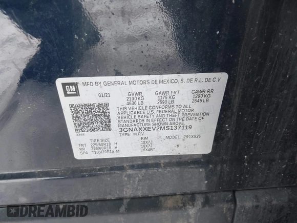 2021 Chevrolet Equinox Premier z VIN 3GNAXXEV2MS137119, wystawiony jako IAAI lot #41344057 z przebiegiem Nie podano mil oraz . Historia ofert i sprzedaży dostępna na DreamBid. Obrazek 9.
