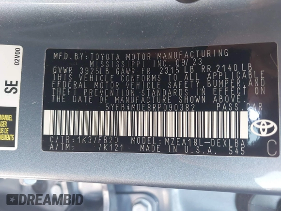 2024 Toyota Corolla LE z VIN 5YFB4MDE8RP090382, wystawiony jako IAAI lot #40120052 z przebiegiem 35 350 mil mil oraz . Historia ofert i sprzedaży dostępna na DreamBid. Obrazek 9.