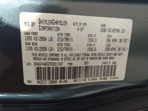 2007 Chrysler Town & Country LWB LX with VIN 2A4GP44R37R351747, listed as a IAAI auction lot 37668296 with 188,199 mi miles. Bid and sale history available at carsss.com. Image 9.