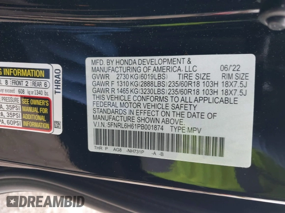 2023 Honda Odyssey EX-L with VIN 5FNRL6H61PB001874, listed as a IAAI auction lot 41405231 with 27,615 mi miles. Bid and sale history available at carsss.com. Image 9.