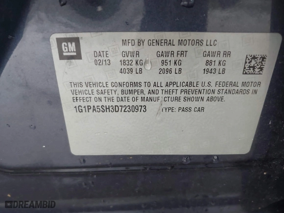 2013 Chevrolet Cruze LS with VIN 1G1PA5SH3D7230973, listed as a IAAI auction lot 41974483 with 137,248 mi miles. Bid and sale history available at carsss.com. Image 9.