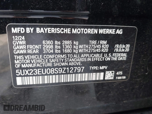 2025 BMW X5 xDrive40i with VIN 5UX23EU08S9Z12797, listed as a IAAI auction lot 42781495 with 7,393 mi miles and . Bid and sale history available at DreamBid. Image 9.