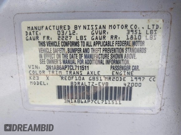 2012 Nissan Sentra SR with VIN 3N1AB6AP7CL711511, listed as a IAAI auction lot 41815083 with 40,784 mi miles and . Bid and sale history available at DreamBid. Image 9.