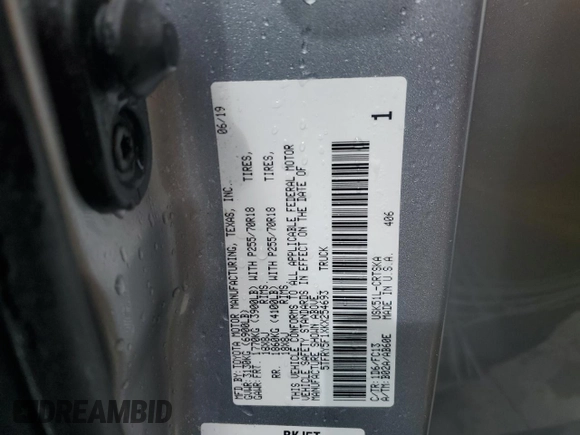 2019 Toyota Tundra 2WD SR with VIN 5TFRY5F1XKX254693, listed as a Copart auction lot 74018594 with 0 mi miles and Salvage Title. Bid and sale history available at carsss.com. Image 13.