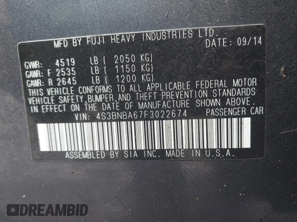 2015 Subaru Legacy 2.5i with VIN 4S3BNBA67F3022674, listed as a IAAI auction lot 41665703 with 139,177 mi miles and . Bid and sale history available at DreamBid. Image 9.