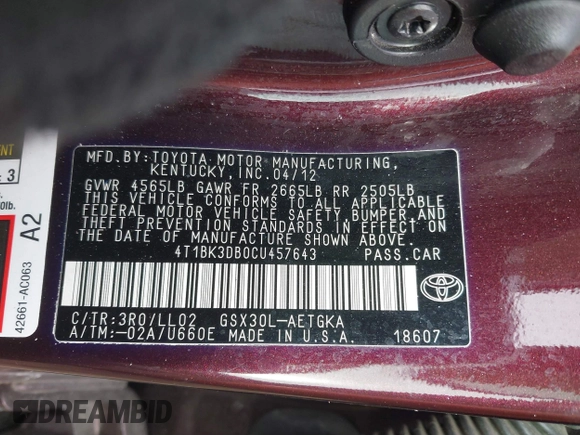 2012 Toyota Avalon with VIN 4T1BK3DB0CU457643, listed as a IAAI auction lot 41331578 with 250,203 mi miles and . Bid and sale history available at DreamBid. Image 9.