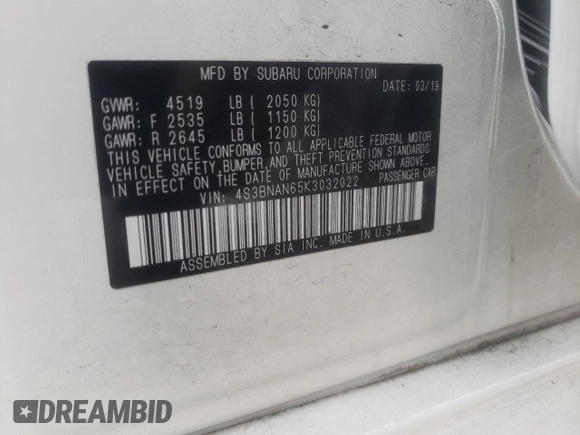 2019 Subaru Legacy Limited with VIN 4S3BNAN65K3032022, listed as a Copart auction lot 74010823 with 39,041 mi miles. Bid and sale history available at carsss.com. Image 15.