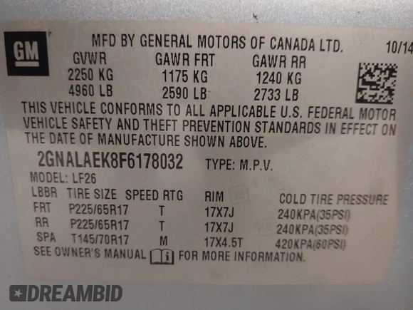 2015 Chevrolet Equinox LS with VIN 2GNALAEK8F6178032, listed as a IAAI auction lot 42061909 with 101,828 mi miles. Bid and sale history available at carsss.com. Image 9.