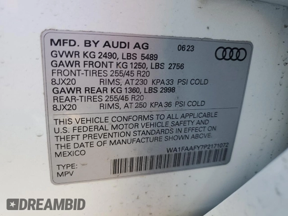 2023 Audi Q5 S line Prestige with VIN WA1FAAFY7P2171072, listed as a Copart auction lot 47127515 with 21,832 mi miles and Salvage Title. Bid and sale history available at carsss.com. Image 13.