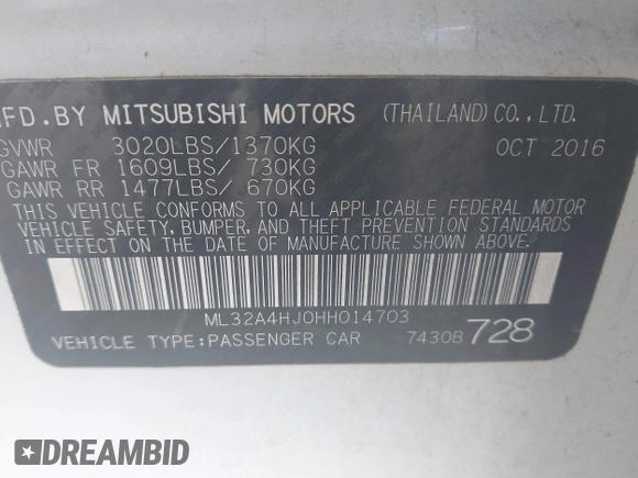 2017 Mitsubishi Mirage SE with VIN ML32A4HJ0HH014703, listed as a IAAI auction lot 41691451 with 74,480 mi miles and . Bid and sale history available at DreamBid. Image 9.