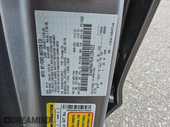 2020 Ford Fusion SE with VIN 3FA6P0H79LR129422, listed as a Copart auction lot 58748455 with 134,292 mi miles and Clean title. Bid and sale history available at DreamBid. Image 12.