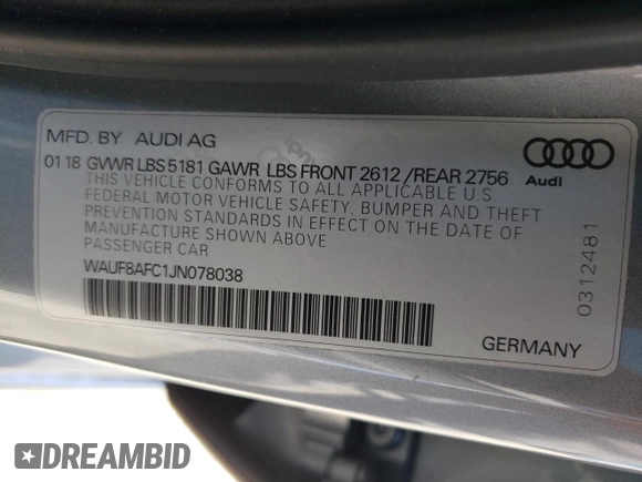 2018 Audi A6 Premium with VIN WAUF8AFC1JN078038, listed as a Copart auction lot 43490873 with 39,316 mi miles. Bid and sale history available at carsss.com. Image 15.