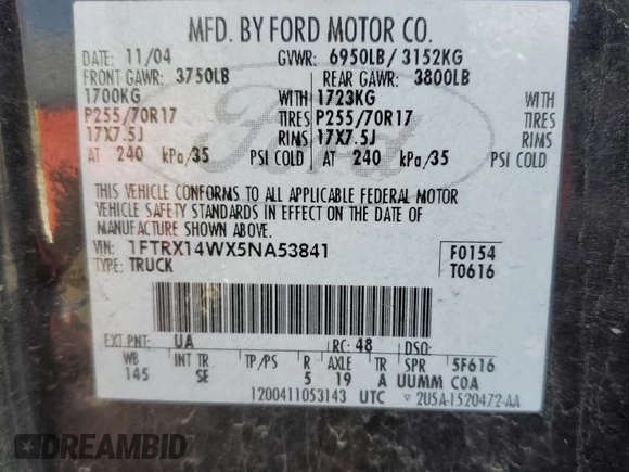 2005 Ford F-150 STX with VIN 1FTRX14WX5NA53841, listed as a Copart auction lot 89289015 with 243,460 mi miles and Salvage Title. Bid and sale history available at carsss.com. Image 12.
