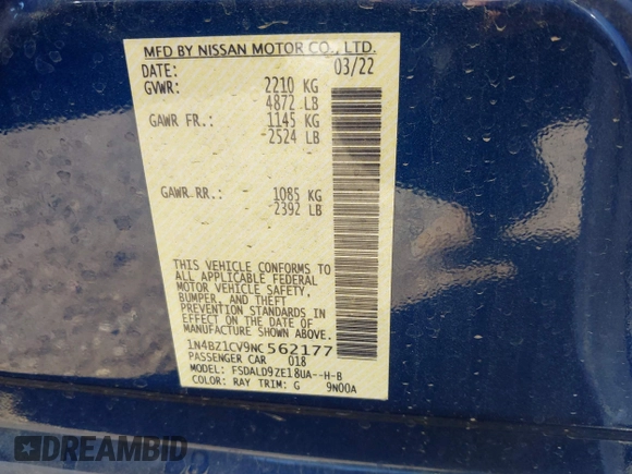 2022 Nissan LEAF SV Plus with VIN 1N4BZ1CV9NC562177, listed as a IAAI auction lot 41625927 with 32,103 mi miles and . Bid and sale history available at DreamBid. Image 9.