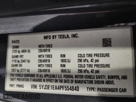 2023 Tesla Model 3 with VIN 5YJ3E1EA4PF554840, listed as a Copart auction lot 63731175 with Not provided miles and Salvage title. Bid and sale history available at DreamBid. Image 12.
