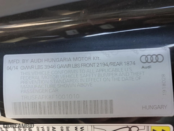 2015 Audi TT 2.0T Premium Plus with VIN TRUSFAFK8F1001010, listed as a Copart auction lot 56998324 with 45,230 mi miles and Salvage Title. Bid and sale history available at carsss.com. Image 12.