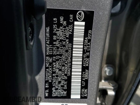 2021 Lexus ES 250 with VIN 58AD11D19MU006499, listed as a Copart auction lot 63091235 with 19,071 mi miles and Salvage title. Bid and sale history available at DreamBid. Image 12.