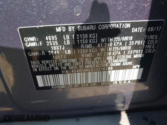 2018 Subaru Outback Limited with VIN 4S4BSANC6J3216488, listed as a IAAI auction lot 42419007 with 102,829 mi miles and . Bid and sale history available at DreamBid. Image 9.