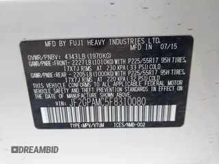 2015 Subaru XV Crosstrek Limited with VIN JF2GPAMC5F8310080, listed as a IAAI auction lot 41706928 with 115,629 mi miles. Bid and sale history available at carsss.com. Image 9.