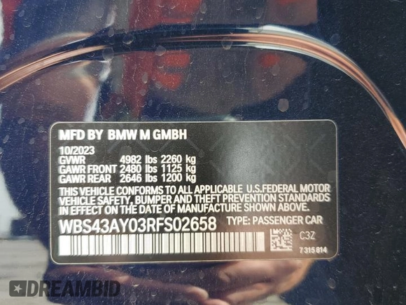 2024 BMW M3 Competition xDrive with VIN WBS43AY03RFS02658, listed as a Copart auction lot 56328425 with 9,139 mi miles and Salvage title. Bid and sale history available at DreamBid. Image 13.