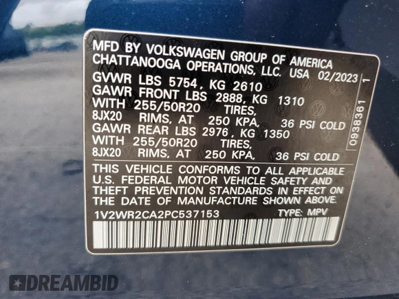 2023 Volkswagen Atlas SE z VIN 1V2WR2CA2PC537153, wystawiony jako Copart lot #74690524 z przebiegiem 10 628 mil mil oraz Szkoda całkowita • Salvage title. Historia ofert i sprzedaży dostępna na DreamBid. Obrazek 13.